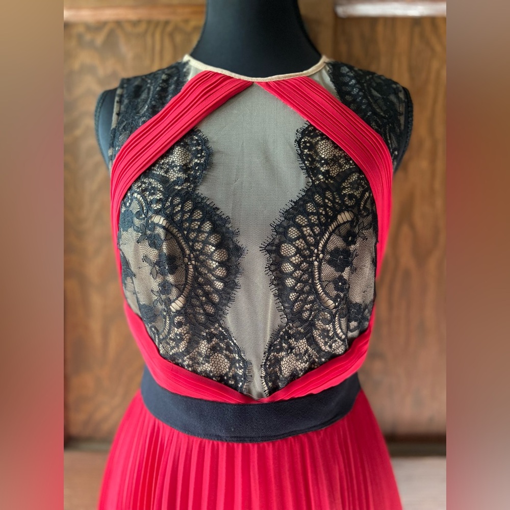 BCBGMaxAzria Red and Black Lace Chiffon Dress. NWT